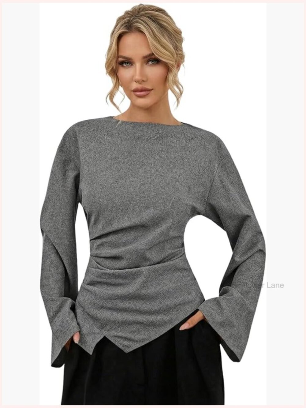 Ruched Bell Sleeve Blouse Boat Neck Asymmetrical Business Casual Top
